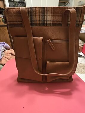 Maurices Brown Tote with Plaid Trim